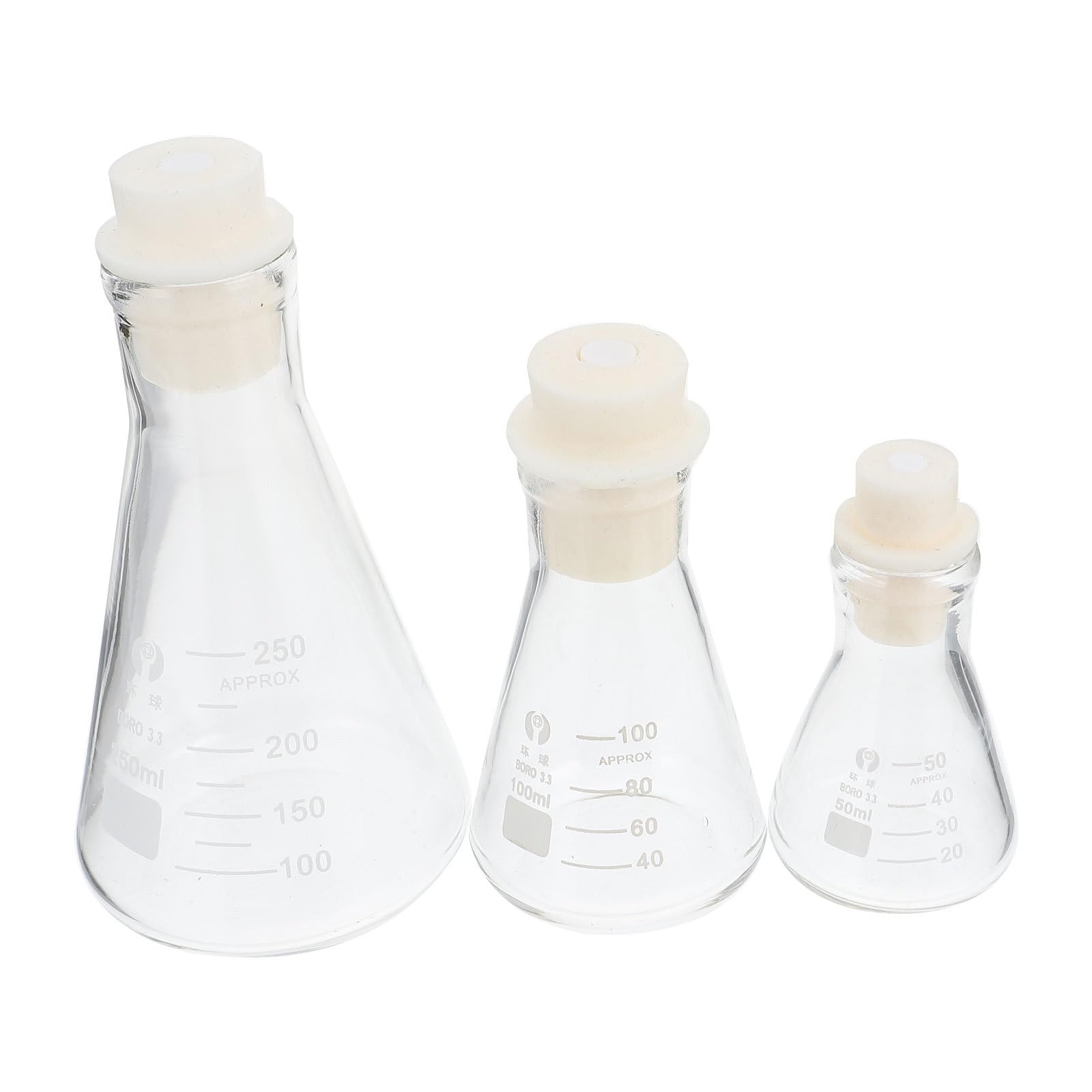 3 Stück Laborkolben aus Glas mit Gummistopfen 250ml Konische Verdickte Kolben Klar Skaliert für Schul und Experimentiereinsatz Zufällige Farbe