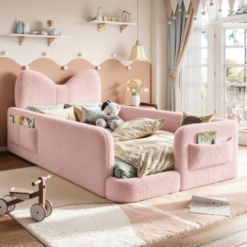 Image of Twin Size Kids Bed with Bow-Shaped Headboard, Upholstered Teddy Fabric Twin Daybed with Slats Support & Side Pockets, Space-Saving Wooden Corner Sofa Couch Bed Frame for Girls, Boys, Teenager(Pink)