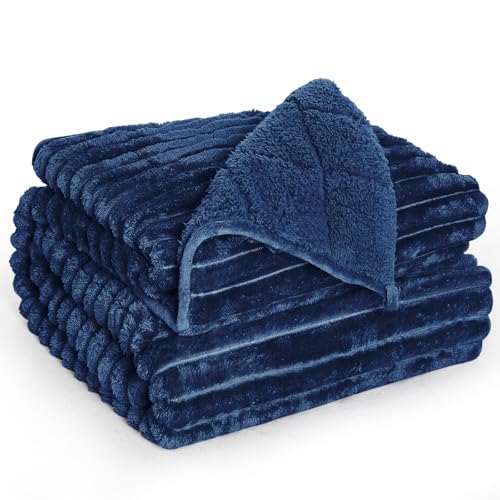 Image of Ultra-Soft Weighted Blanket for Adults(15 lbs, 60 inch x 80 inch Queen Size) 3D Striped Sherpa Fleece Reversible Heavy Blanket with Glass Beads, Perfect for 140-190 lbs, Machine Washable, Navy Blue