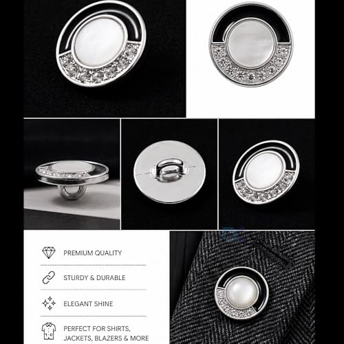 Image of Pack of 6 Silver Buttons with Pearl Finished Centre Black Enamel and Rhinestones Diameter 18 mm, (28L) for Sewing Blazers Jackets and Art and Craft