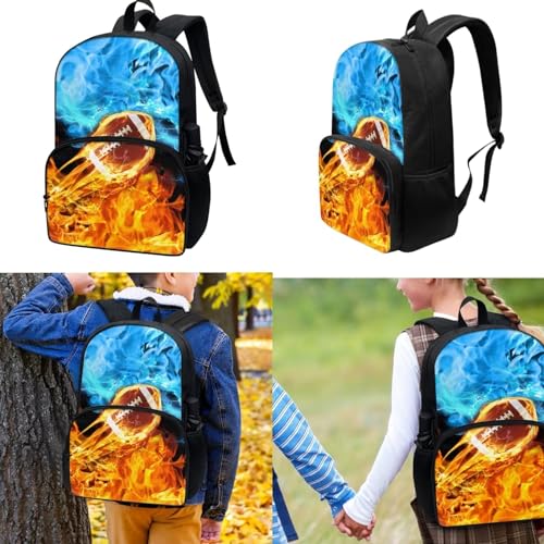 Lightweight School Backpack 3 Pieces Fire Flame Rugby Print Backpack with Waterproof Lunch Box Pencil Pouch Daypack School Bag Bookbag Backpack Set for Boy Girls 3 in 12