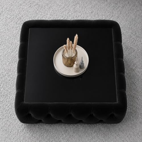 Image of Premium Tufted Upholstered Coffee Table with Mica Top - Modern Square Ottoman Center Table, Soft Velvet Finish, Luxury Living Room Furniture - 30 x 30 x 18 Inch (Black)