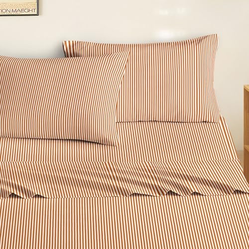 Image of Wake In Cloud - Striped Bed Sheets, 4-Piece Sheet Set, Ticking Vertical Pin Stripe Modern Farmhouse Pattern Printed Bedding, Deep Pocket, Burnt Orange, Full Size