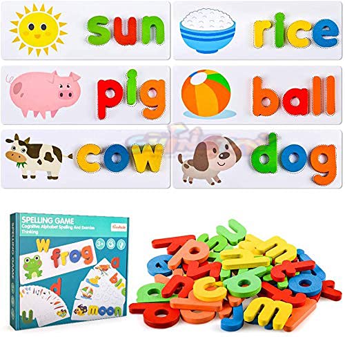 SHINETOY Read Spelling Learning Toy Wooden Educational Developmental Sight Words and Skills with 28 Double - Sided Cognitive Cards 52 Letters Great Gift for 4 5 6 Years Girl Boy, Multicolor (B09D8JXRGB) Amazon Price History, Amazon Price Tracker