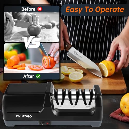 Image of Enutogo Knife Sharpener, Professional 3-Stage Electric Knife Sharpener for Kitchen Knives, 100% Diamond Abrasive for 20 Precision Angle Guide, Quickly Sharpening and Polish Blades
