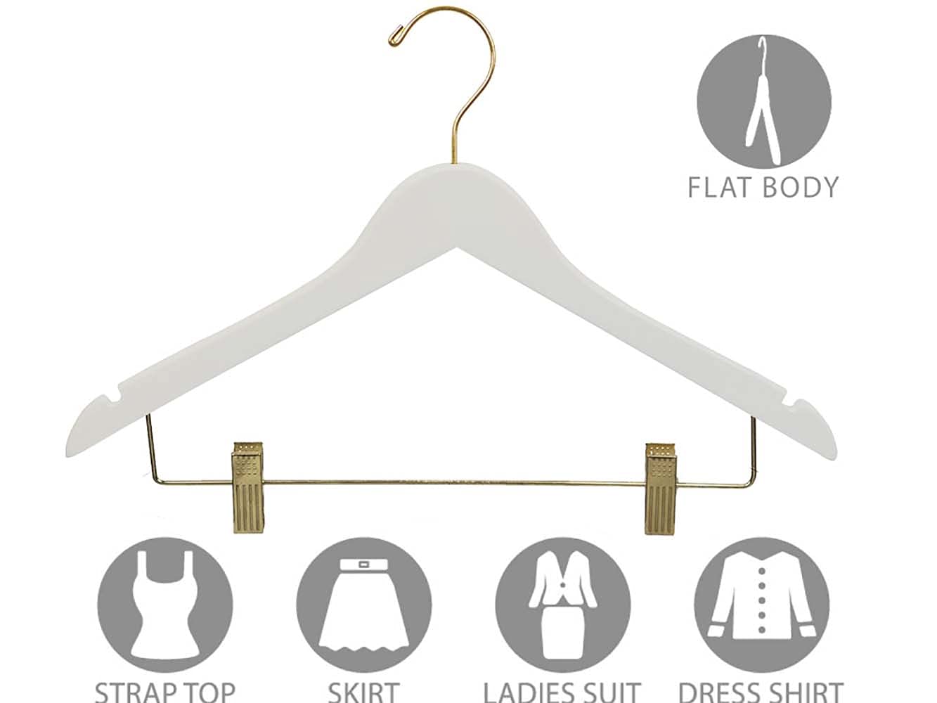 Quality Wooden Skirt Hangers 25 Pack, Smooth Solid Wood Pants Hanger with Adjustable Clips, White Finish