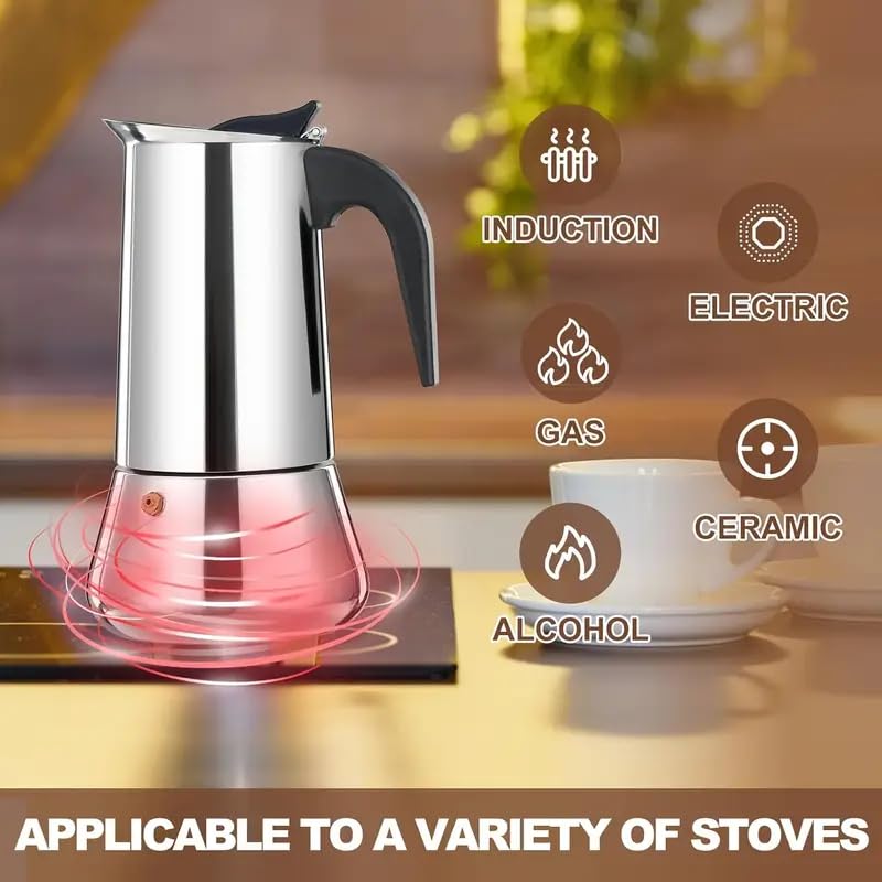 Image of Stainless Steel Stovetop Espresso Maker Italian Style Moka Coffee Pot with Ergonomic Handle, 2-4-6 Cup Capacity, Durable & Easy-to-Use for Rich, Full-Bodied Coffee at Home (2 Cups)