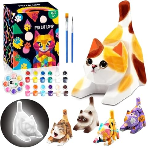 FUNZBO 4.3in Paint Your Own Cat Lamp Kit - Arts and Crafts Supplies Kitten Painting Kits for Kids Teens, DIY Night Light Toy for Toddler Girl Boy Ages 3 4 5 6 7 8 9 10 11 12 13+ Birthday Easter Gift Cover