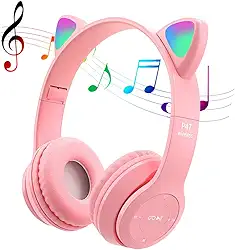 Fone De Ouvido POTIKA Bluetooth 5.0 Sem Fio Em Formato de Orelha de Gato, Cancelamento de ruído, Rosa