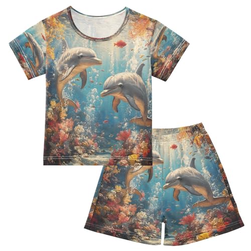 ALAZA Dolphin Beautiful Coral Reef Pajamas Set Short Sleeve Cotton Sleepwear Summer Pjs 2 Piece 5-14Y