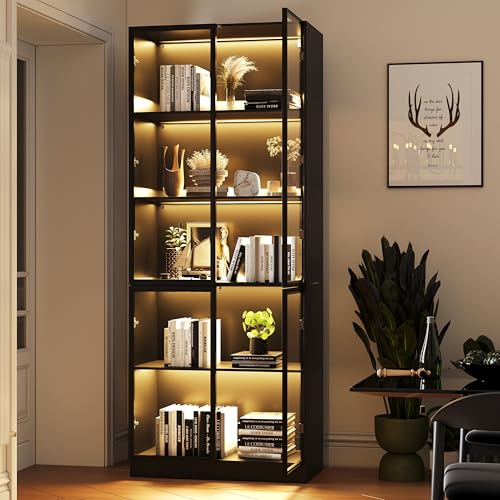 Display Storage Cabinet with Glass Door, LED Lights,Showcase for Collections, Perfume, Vinyl Albums, Bookcase for Home Office, Living Room, Clinic, Pantry (5 Layers-Black)
