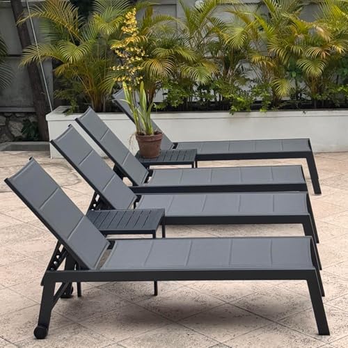 Image of PURPLE LEAF Outdoor Chaise Lounge Set of 4 with Sponge, Easy Move, Grey | Double-layer Textilene with Sponge, Rustproof Aluminum Frame, 5-Position Reclining Back, Side Table Include, Long-lasting