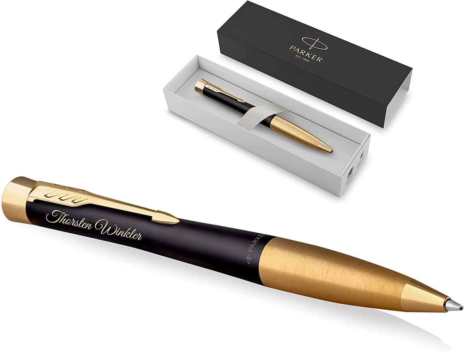 Schmalz® Parker Urban Kugelschreiber Twist mit Gravur | Premium Stift | Geschenkbox | blaue Tinte | edel | personalisiertes Geschenk | Namen | graviert | Jahrestag | Geburtstag (Muted Black G.C.)
