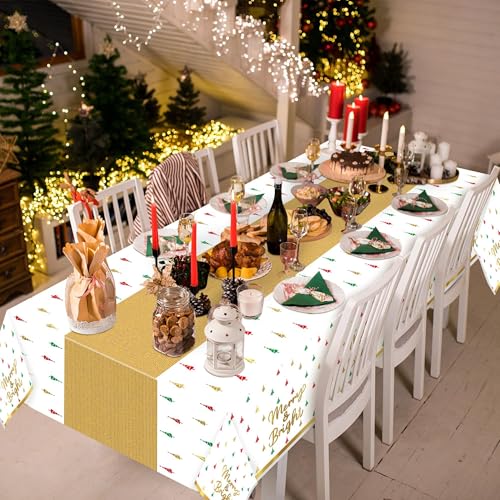Image of Christmas Winter Waterproof Tablecloths - 3 Packs Gold White Mini Christmas Tree Tablecloths Colorful Waterproof Table Cover Merry Bright Disposable Plastic Tablecloth Xmas Party Table Decor
