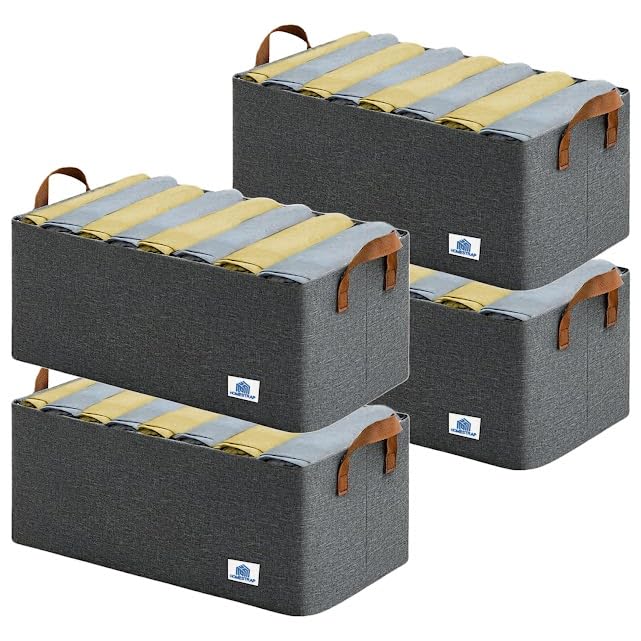 Image of HomeStrap Set of 4 Multipurpose Foldable Storage Basket with Iron Stand |Durable Fabric Cube Organizers for Toys, Clothes, Laundry, Books & Cupboard Storage - Large Storage Box with Handles