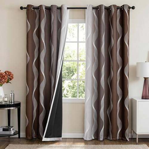 Image of MYSKY HOME Brown and Greyish White 95% Blackout Ombre Patterned Curtains 90 inch Long 2 Panels for Living Room Bedroom Thermal Insulated Energy Saving Geometric Print Grommet Drapes, 52 inch W Each Panel