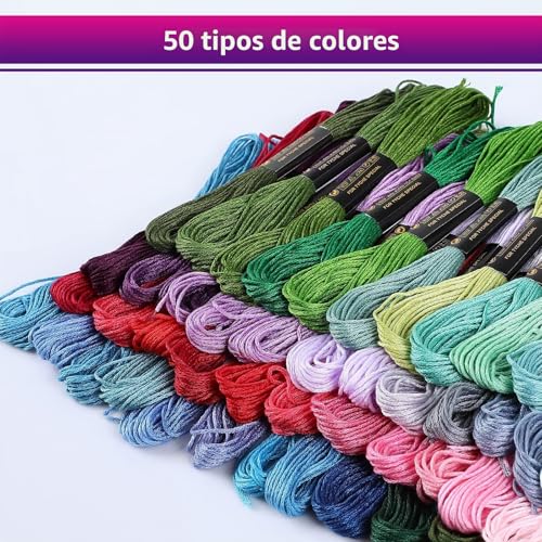 Miniatura 2 de Romon 50 Colores Hilos De Bordar, Hilos Punto De Cruz Herramientas Con Accesorios, Bordado Kit Usado En Costura Y Para Hacer Pulseras, 8m 50 Colores