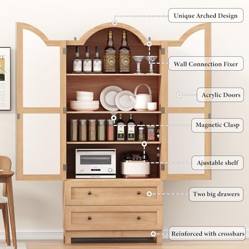Image of EasyCom 71 Tall Arched Cabinet, Farmhouse Wood Pantry Cabinet with 2 Large Drawers, 4-Tier Kitchen Storage Cabinet with Adjustable Shelf & Magnetic Clasp Doors for Living Room, Dining Room, Natrual