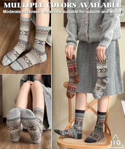 Image of IIG 3-5 Pairs Womens Vintage Cozy Crew Socks Soft Cute Neutral Cotton Socks Exquisite Patterns Socks Gift
