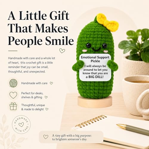 Image of Emotional Support Pickle Crochet with Stand. Handmade Positive Pickle Gift for Women, Friends, Family, Co Workers. Birthday Gifts. Best Friends (Yellow Support Pickle)