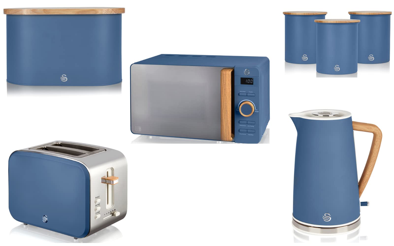 Swan Products LtdNordic 7 Piece Kitchen Set in Blue Including 1.7L Jug Kettle, 2 Slice Toaster, 800W 20L Microwave, Bread Bin & Tea, Coffee, Sugar Canisters. Scandinavian Style Matching