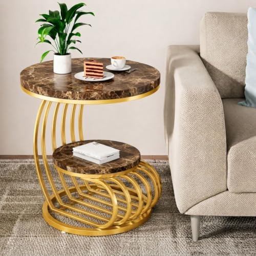 Image of Modern Double-Top Coffee Table with Rustic Farmhouse Accent, Multipurpose Living Room Bedroom, Two-Tier Small Sofa Side Bedside Table with Metal Frame Nightstand (Brown Gold Mg)