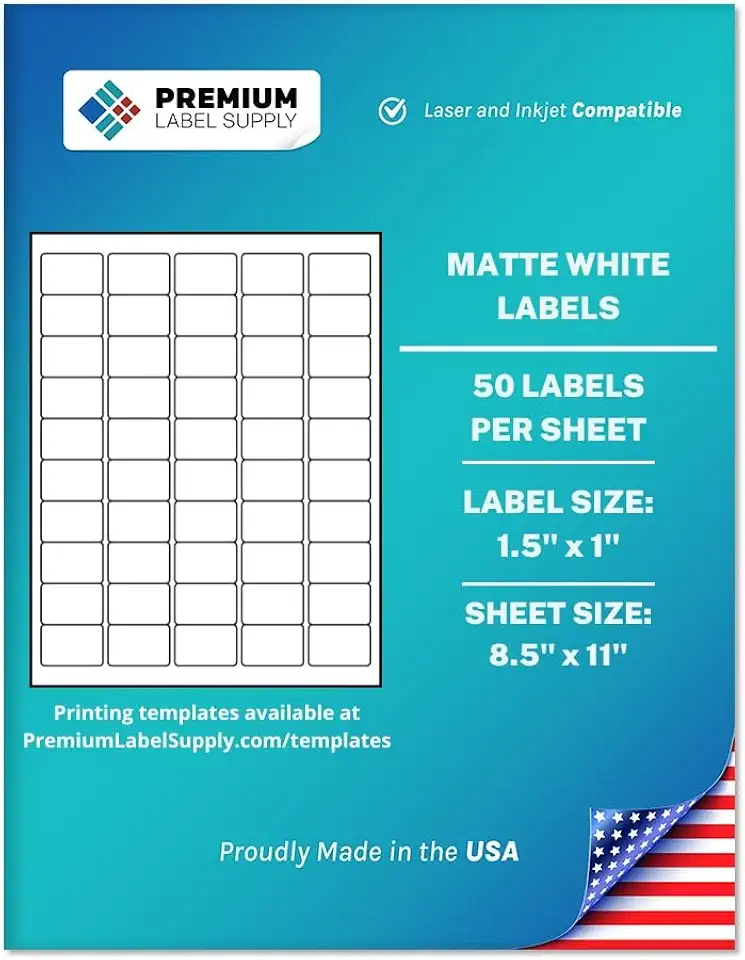 Premium Label Supply White Barcode Labels 1.5" x 1" Laser Inkjet Compatible (50 Labels/Sheets) 25 Sheets - Total 1250 Self Adhesive Labels