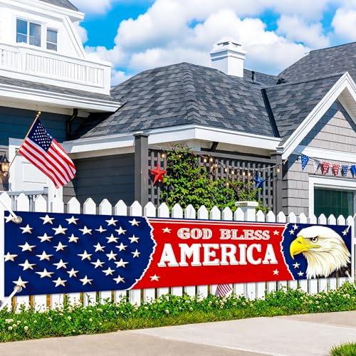 Image of BlissYard God Bless America Banner Patriotic 4th of July Decorations 118 x 20 inch Eagle National Independence Day Yard Sign Banner for Yard Fence Porch, Independence Day Decorations