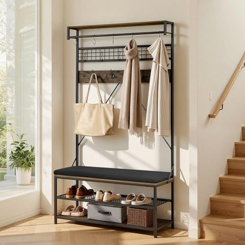 VEVOR Meuble d'Entrée 183 cm, Porte Manteaux avec Banc à Chaussures 3 Niveaux, Rangement pour Couloir Chambre Dressing Salon, Vestiaire d'Entrée Autoportant...