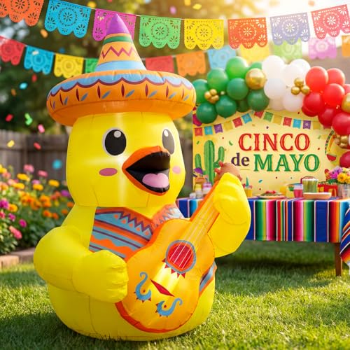 5FT Cinco De Mayo Inflatables Outdoor Decorations Duck Inflatable with Sombrero and Guitar Mexican Fiesta Blow Up Yard Decor for May 5 Taco Party Lawn Garden Indoor Outdoor