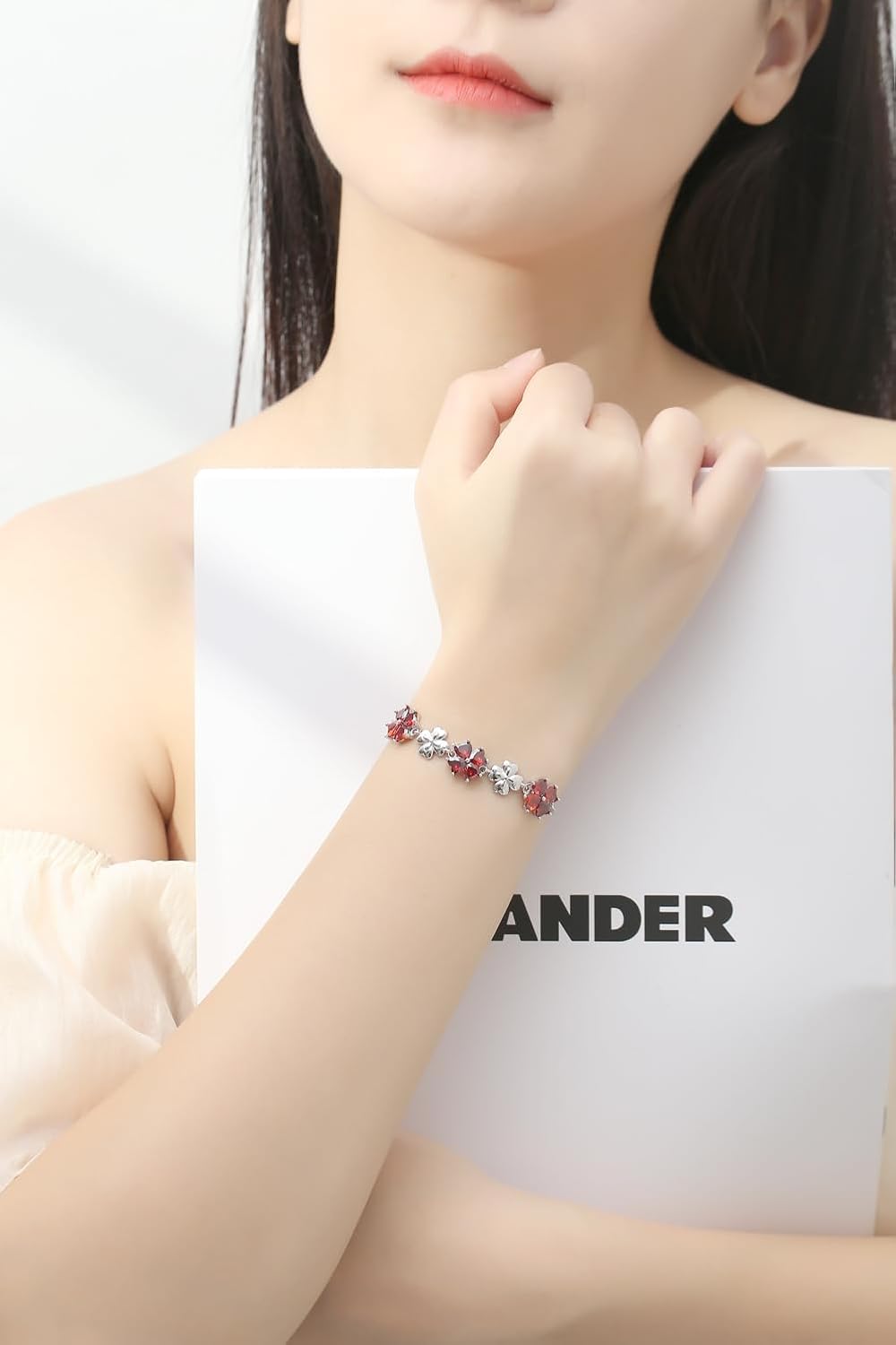 JiangXin 9cttw Birthstone Bracelets for Women 925 Sterling Silver Lucky Four Leaf Clover Created Gemstones Jewelry Anniversary Birthday Gifts for Women 8 Inches