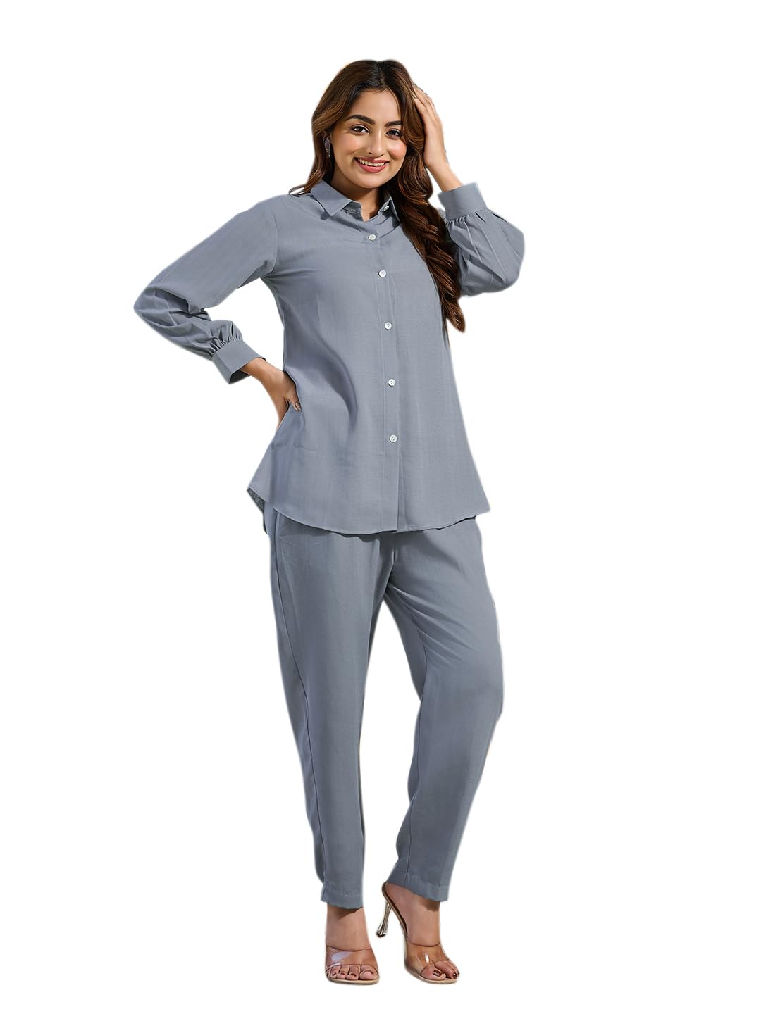 Women's Self Design Viscose Rayon Grey Shirt Trousers Co-Ords(VC_5087CO)-image-49