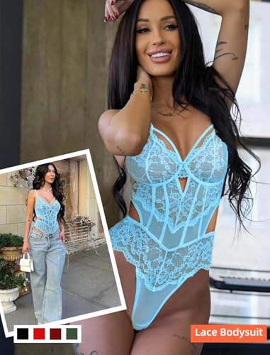 Image of Avidlove Sexy Lingerie for Women Lace Bodysuit Cut Out Snap Crotch Teddy | Seductive floral lace teddy, adjustable straps, scalloped edge, side cutouts, romantic date night wear