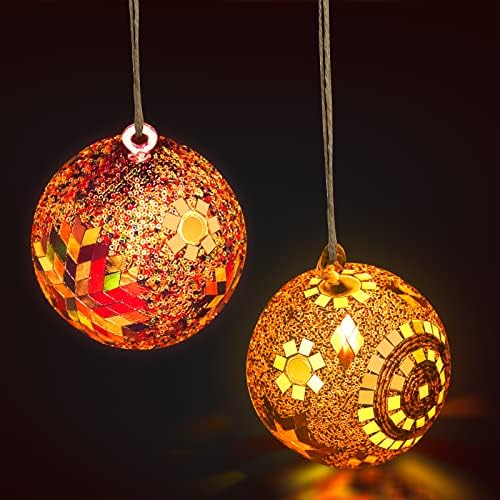 GOJLEX Glass Votive Candle Holders for Table, 2 Pack Mosaic Tealight Candle Holder with Strings, Wall Hanging Handmade Candle Holders for Home Decor, Christmas Diwali Decorations for Home