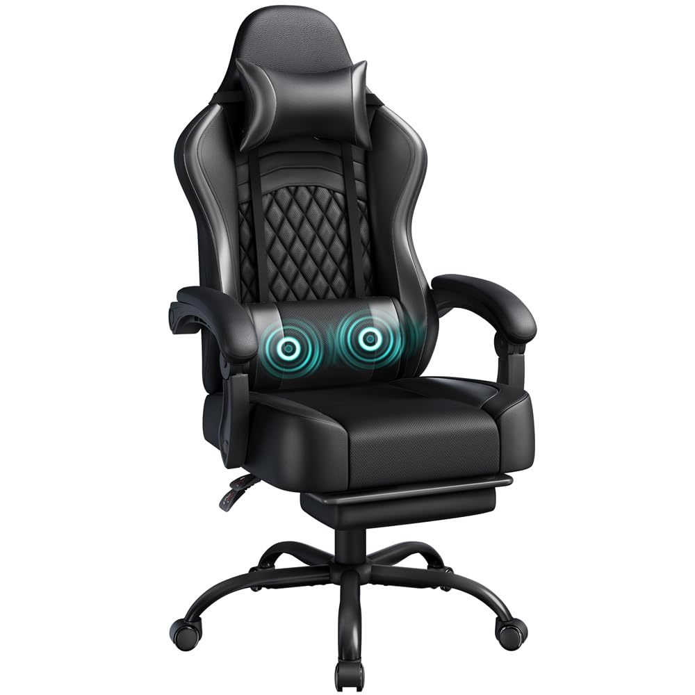 Sedia da Gaming Massaggiante, Sedia da Ufficio con Poggiatesta, Poggiapiedi e Cuscino Lombare, 360° Girevole, Regolabile in Altezza, Poltrona Gaming per Computer, Ufficio (Nero)
