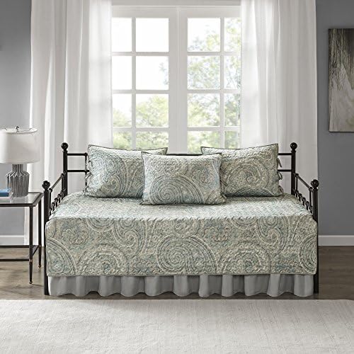 Comfort Spaces Daybed Cover - Luxe Double Sided-Quilting, All Season Cozy Bedding with Bedskirt, Matching Shams, Kashmir Blue/Grey 75"x39" 5 Piece