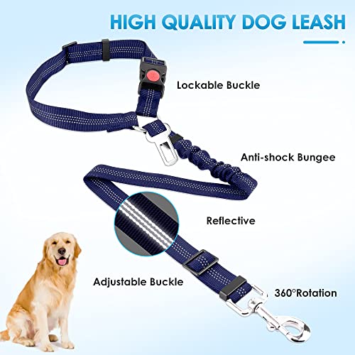 Image of SlowTon Dog Seat Belt for Car, 2 Pack Dog Car Harness Seatbelt with Bungee | 2 in 1 Pet Car Leash Headrest Restraint & Dog Safety Tether Clip, Adjustable with Elastic Buffer, Reflective, Blue M /L