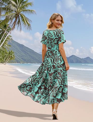 Image of YESNO Women's Summer Maxi Dresses Casual Floral Short Sleeve V Neck Boho Beach Vacation Swing Dress with Pockets EVF