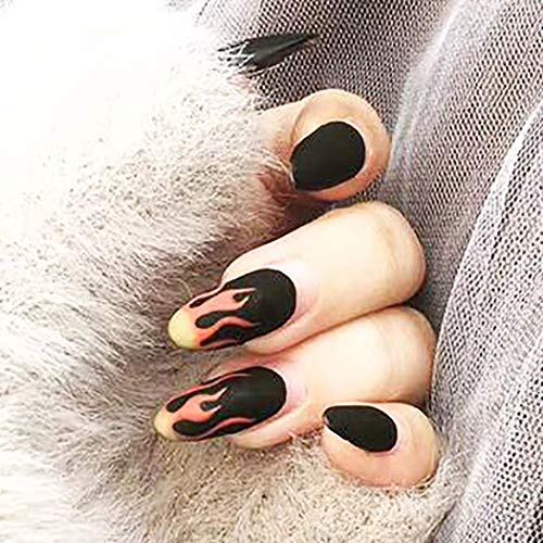 Drecode Fashion Matte Black Fake Nails Coffin Fire Full Cover Acrylic False Nails Punk Halloween Party Prom Clip on Nails for Women and Girls(24Pcs)