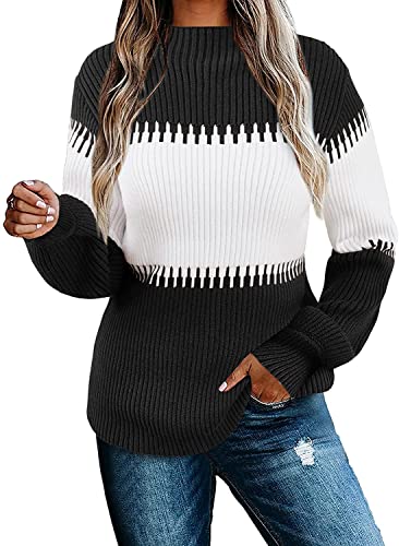 Imysty Womens Turtleneck Sweaters Fall Long Sleeve Color Block Striped Pullover Sweater Chunky Knit Jumper Black #TOP15