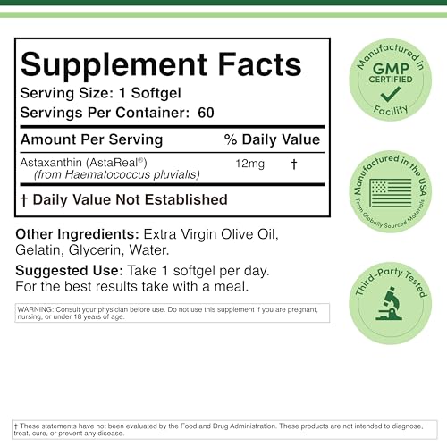 Image of Astaxanthin - Triple Strength 12mg (Only Patented Astaxanthin (Astrareal) with 70+ Human Clinical Trials) Grown, Harvested, and Made in The USA (Astaxantina) by Double Wood