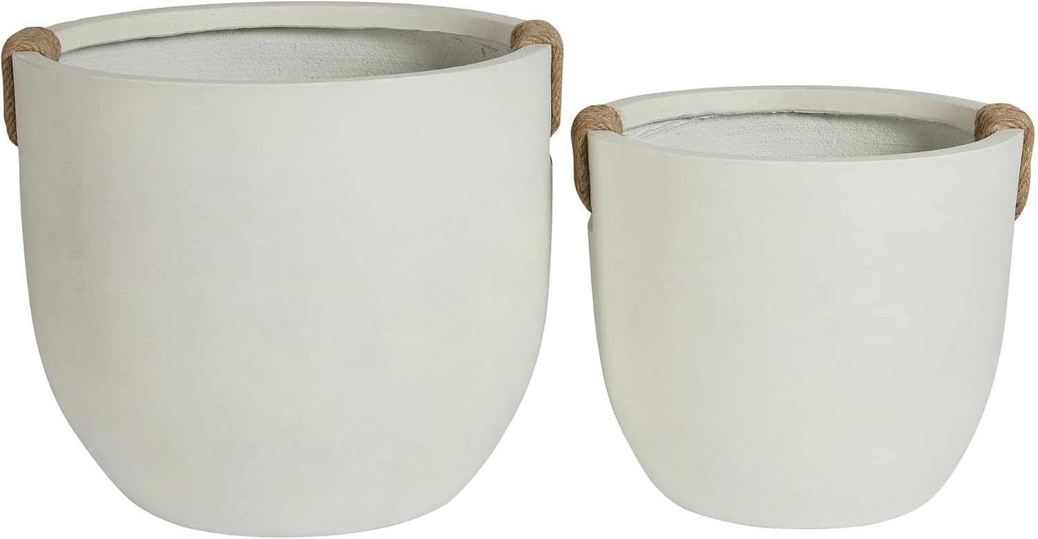 Large Off White Concrete Planter Set of 2, 15" & 18" Round Pots with Drainage Holes, Farmhouse Style Outdoor Decor for Front Porch, Entryway, Garden
