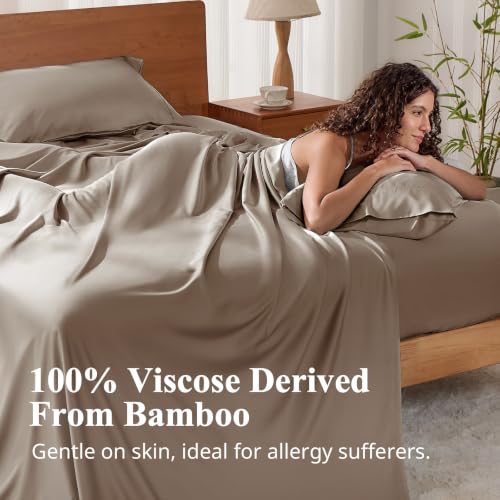 Image of Full Size Sheet Set, Viscose Bamboo Sheets for Bed Set 4pcs, 100% Viscose Derived from Bamboo, Hotel Luxury Silky & Cooling for Hot Sleepers, Deep Pocket Up to 17 inch, Taupe