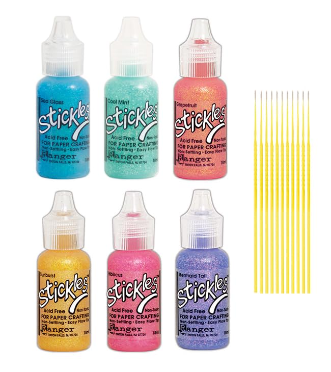 Ranger Stickles Glitter Glue Bundles (Sea Glass Collection) - 6 Color Stickles .5 oz Glitter Glue Bottes - with Trebbies Fine Detail Sticks