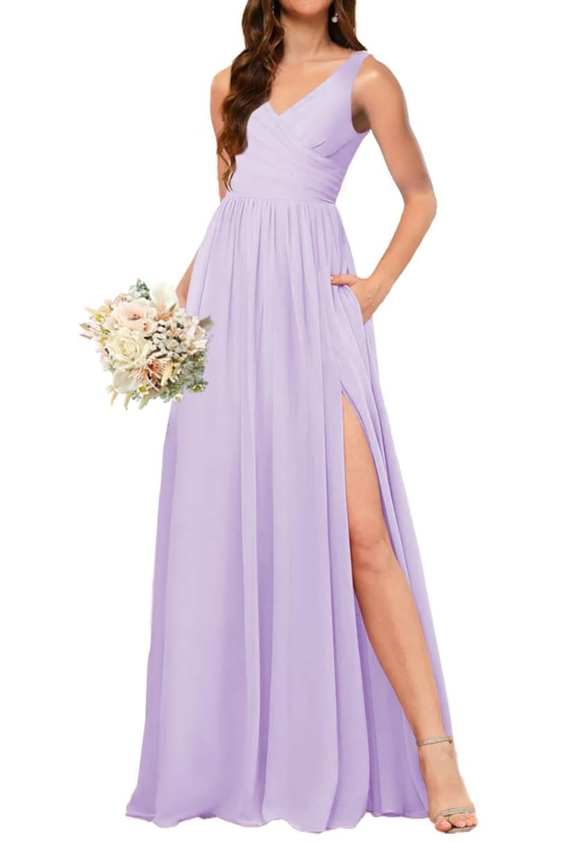 Aherkll Women's Lilac Ruffles Chiffon Bridesmaid Dresses V-Neck Party Prom Evening Gowns With Slit Maid Of Honor Gown Long Ah169 Uk16