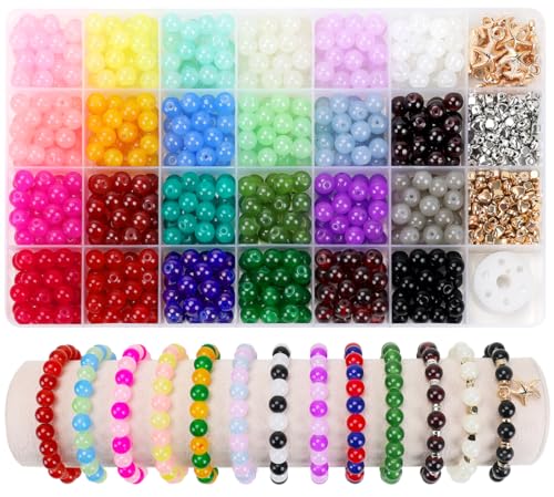 TrynJive 700pcs Glass Beads for Crafts 24 Colors 8mm Crystal Glass Beads with Gold & Silver Spacer Beads and Elastic String for Bracelets Necklace & DIY Crafts