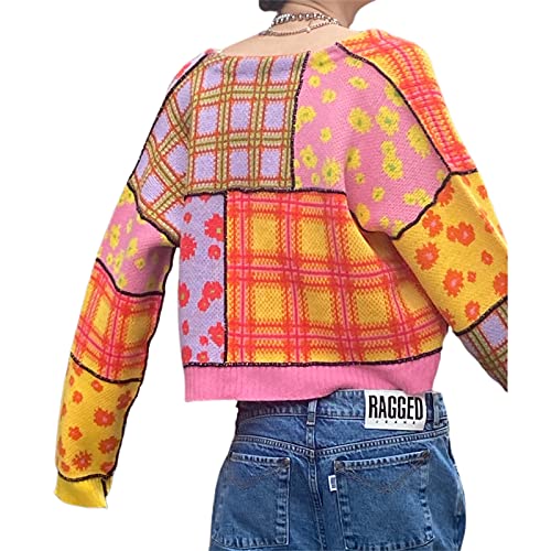 Womens Flower Cropped Cardigan Sweater Long Sleeve Preppy Style 90S Cherry V Neck Knit Button Down Sweaters Tops Shirts (Pink, S) #TOP24