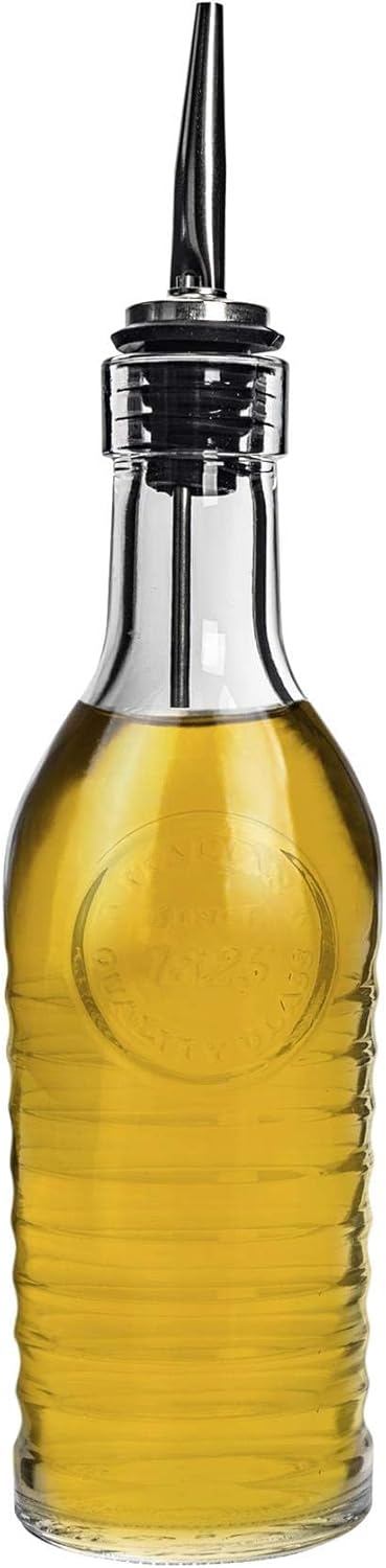 Bormioli Rocco Officina 1825 270ml Glass Olive Oil & Vinegar Bottle with Stainless Steel Pouring Spout - Industrial Style, Dishwasher Safe