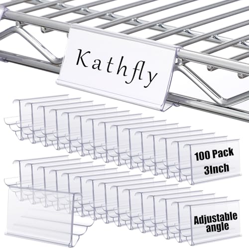 Image of Kathfly 100 Pack Wire Shelf Label Holders Shelf Cable Tags for Wire Shelving 3 Viewing Angles 3 inch Adjustable Clear Plastic Rack Label Holder Retail Clips Compatible with 1-1 /4in Metro Shelving