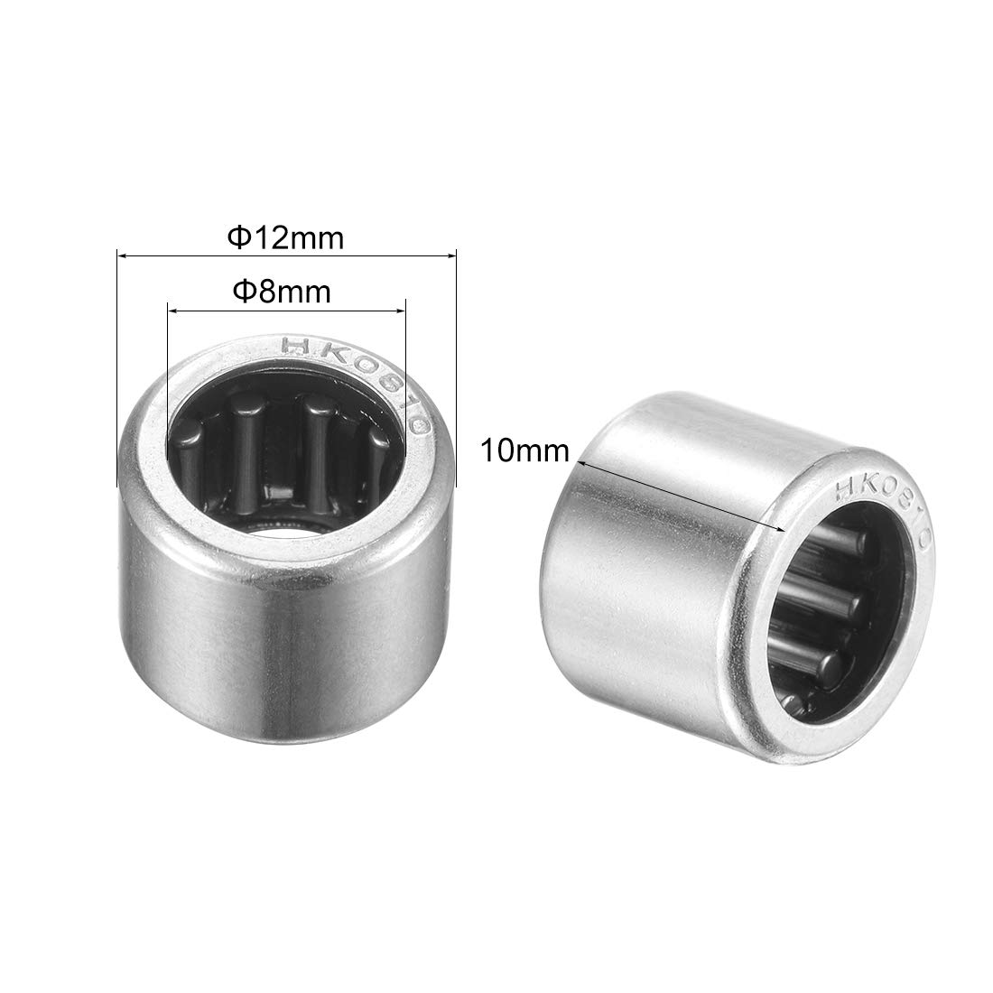 sourcing map HK0810 Roulements à Aiguilles 8mm Alésage 12mm OD 10mm Largeur Acier Chromé Extrémité Ouverte 10Pcs